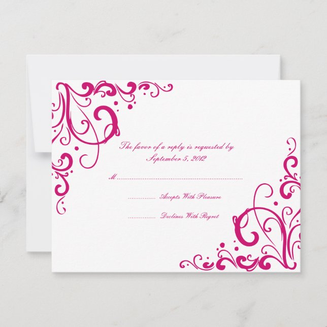 Fuschia and White Flourish Wedding RSVP Card (Front)