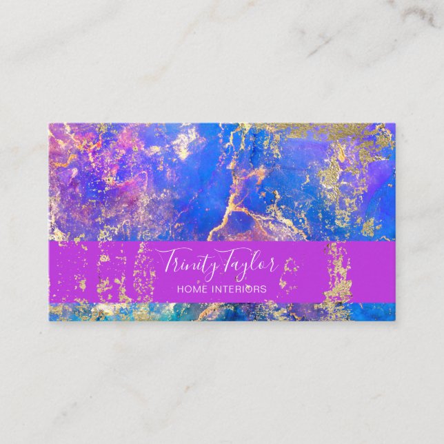 Fuschia Blue Marble Ink & Gold Foil  Business Card (Front)