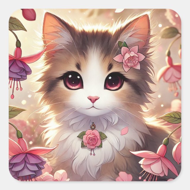 Fuschia Cat Square Sticker (Front)