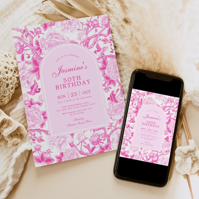 Fuschia Chinoiserie Floral Garden 50th Birthday Invitation (Creator Uploaded)