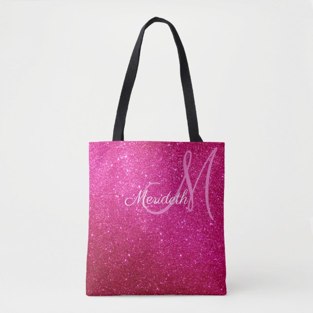 Fuschia Hot Pink Glitter And Sparkles Monogrammed Tote Bag (Front)