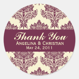 Fuschia & Ivory Damask Round Wedding Labels