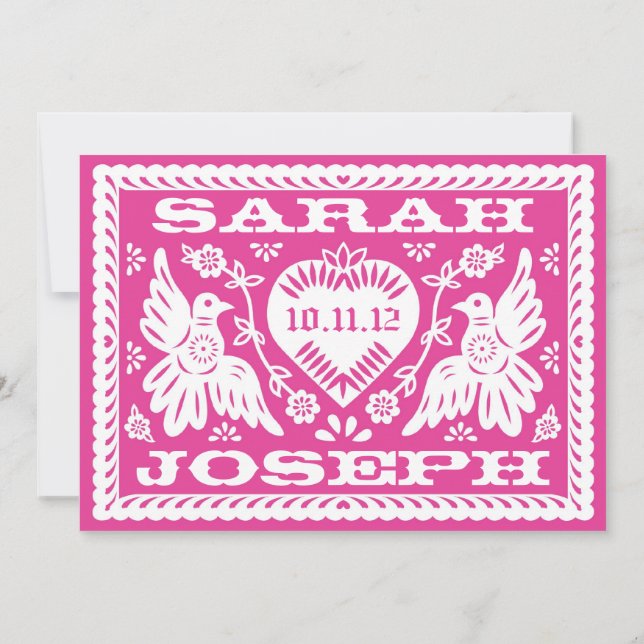 Fuschia Papel Picado Love Birds Wedding Invitation (Back)