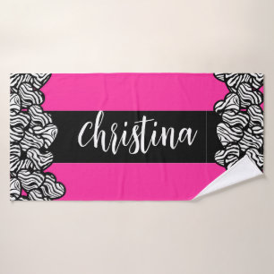 Fuschia pink black white zebra pattern heart name  bath towel