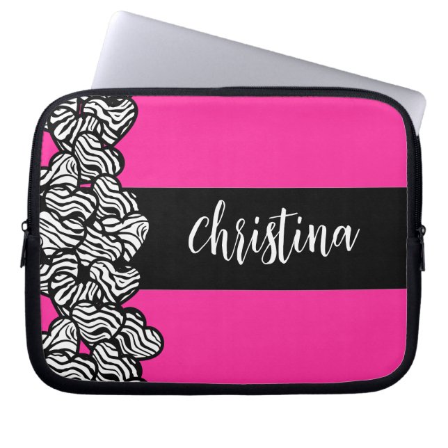 Fuschia pink black white zebra pattern heart name  laptop sleeve (Front)