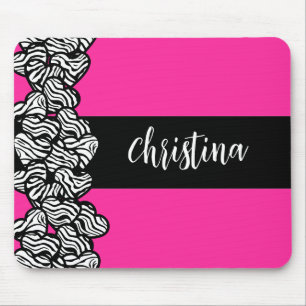 Fuschia pink black white zebra pattern heart name  mouse pad