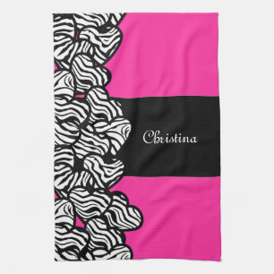 Fuschia pink black white zebra pattern heart name tea towel