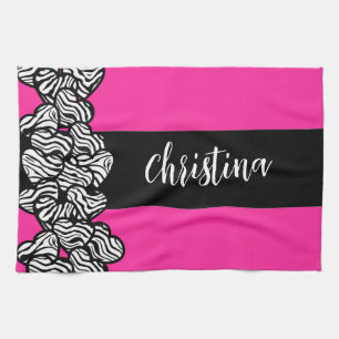 Fuschia pink black white zebra pattern heart name  tea towel