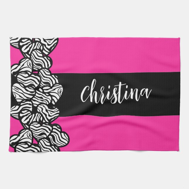 Fuschia pink black white zebra pattern heart name  tea towel (Horizontal)
