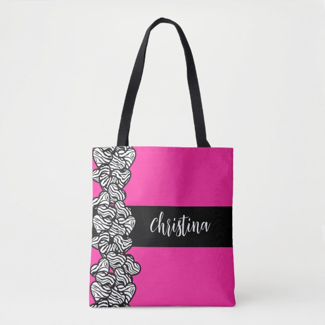 Fuschia pink black white zebra pattern heart name  tote bag (Front)