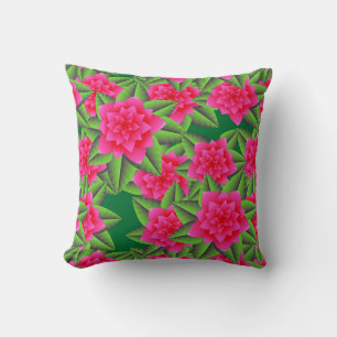 Fuschia Pink Camellias and Green Leaves Cushion