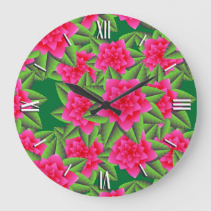 Fuschia Pink Camellias and Green Leaves Large Clock