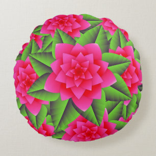 Fuschia Pink Camellias and Green Leaves Round Cushion