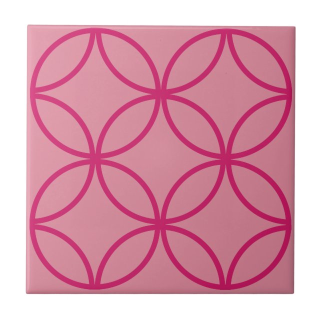 Fuschia pink circle flower repeat pattern on pink ceramic tile (Front)