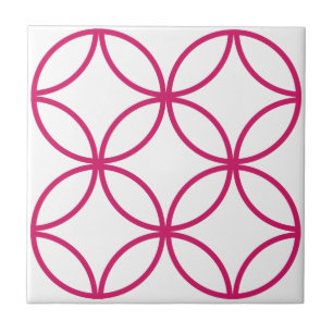 Fuschia pink circle flower repeat pattern on white ceramic tile