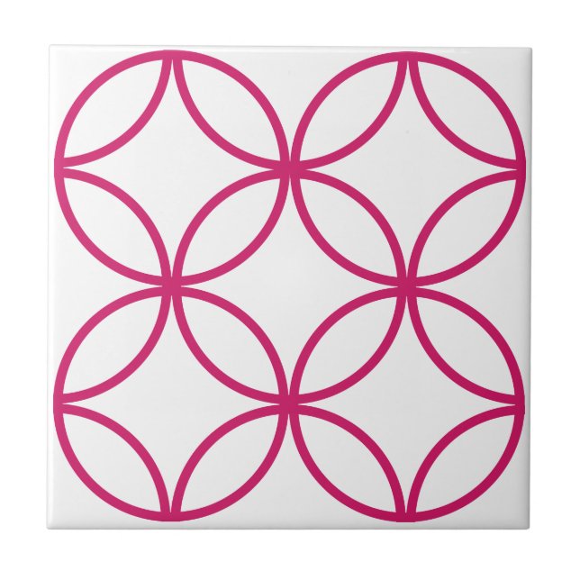 Fuschia pink circle flower repeat pattern on white ceramic tile (Front)