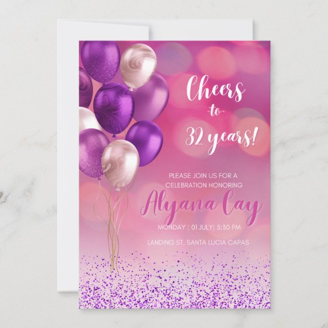 Fuschia pink circle light with purple balloons invitation (Front)