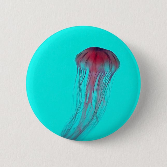 Fuschia Pink Jellyfish on Aqua Blue Green 6 Cm Round Badge (Front)