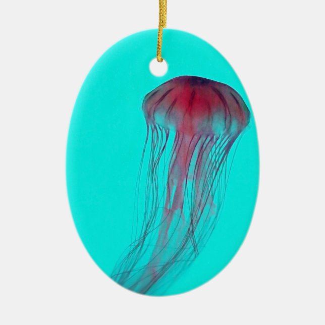 Fuschia Pink Jellyfish on Aqua Blue Green Ceramic Tree Decoration (Front)