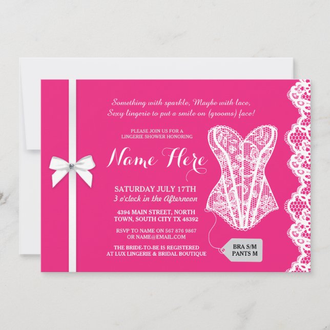 Fuschia Pink Lingerie Shower Lace Bridal Invite (Front)