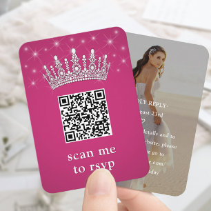 Fuschia Pink QR RSVP Quinceañera Crown & Photo Enclosure Card