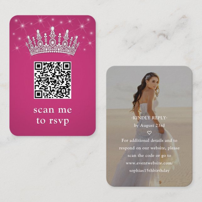 Fuschia Pink QR RSVP Quinceañera Crown & Photo Enclosure Card (Front/Back)