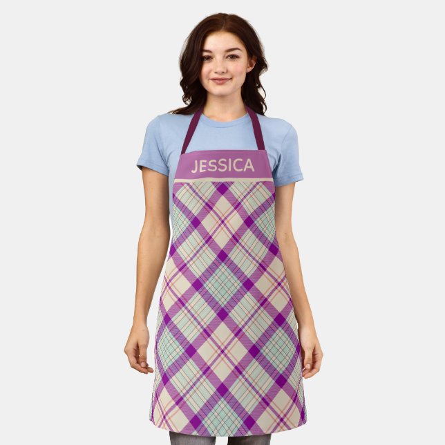 Fuschia Scottish Tartan Plaid Pattern Personalised Apron (Worn)