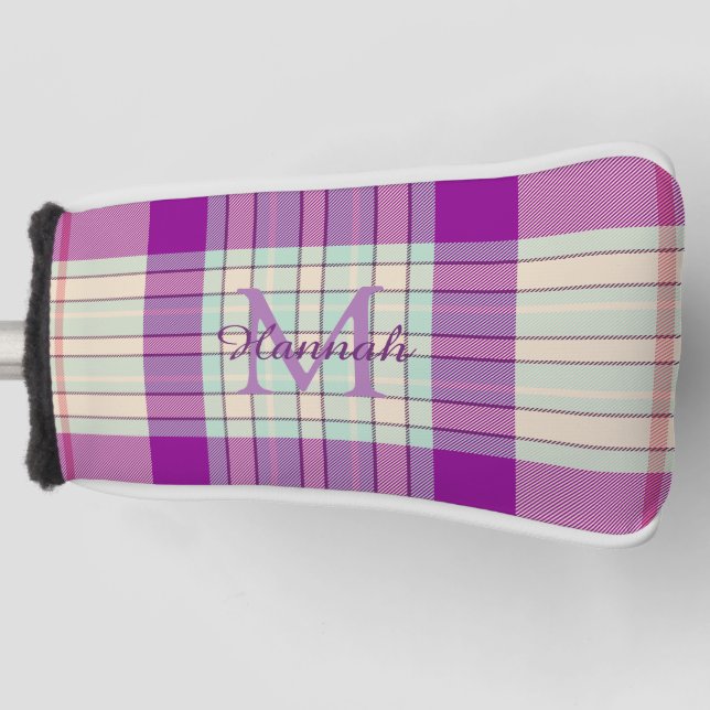 Fuschia Scottish Tartan Plaid Pattern Personalised Golf Head Cover (Front)