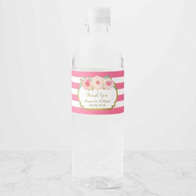 Fuschia Stripes Floral Gold Water Bottle Label (Front)