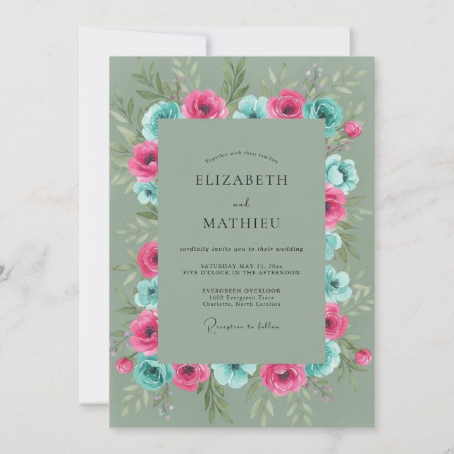 Fuschia Turquoise Wildflower Wedding Invitation (Front)