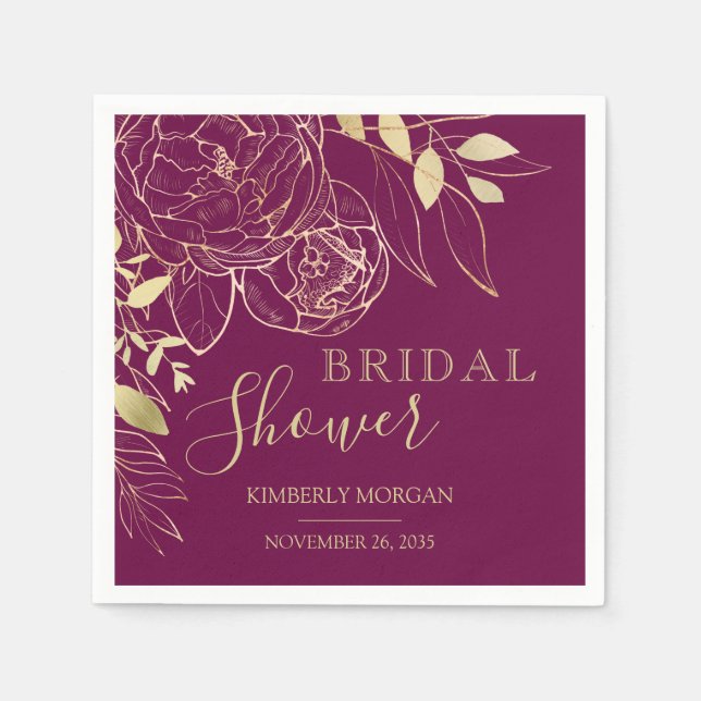 Fushcia & Gold Modern Floral Bridal Shower Napkins (Front)