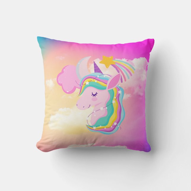 Fushcia Unicorn Rainbow Throw Pillow (Front)