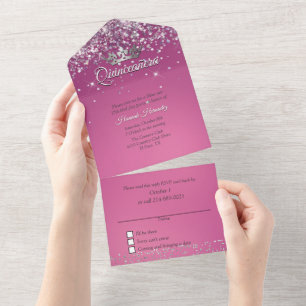 Fushia and Glitter Quinceañera   All In One Invitation