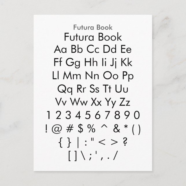 Futura Book - Zazzle Font Sampler Sheet Postcard (Front)