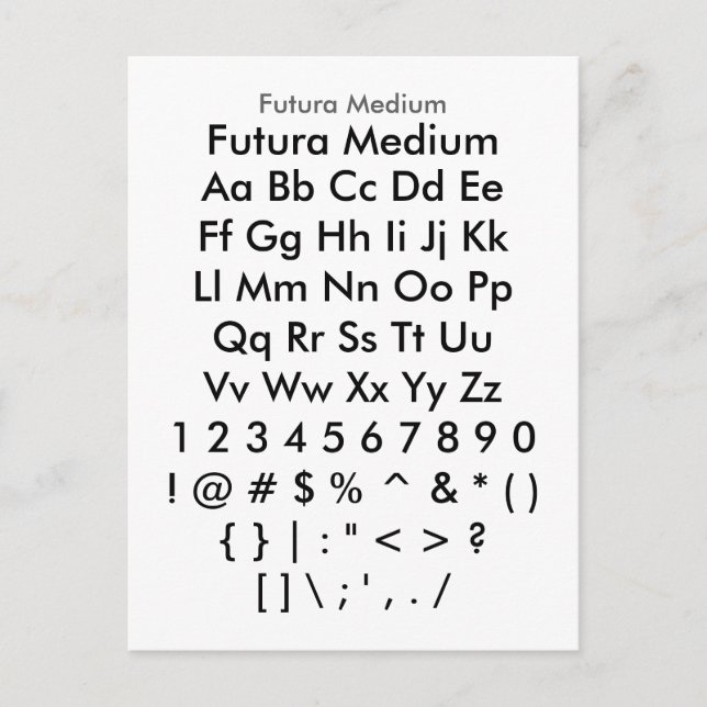 Futura Medium - Zazzle Font Sampler Sheet Postcard (Front)
