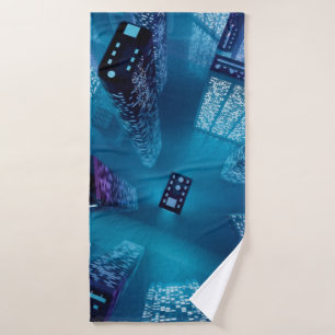 Future city downtown with skyscrapers in neon cybe bath towel