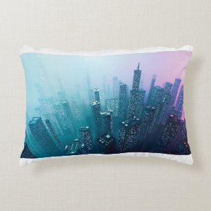 Future city downtown with skyscrapers in neon cybe decorative cushion