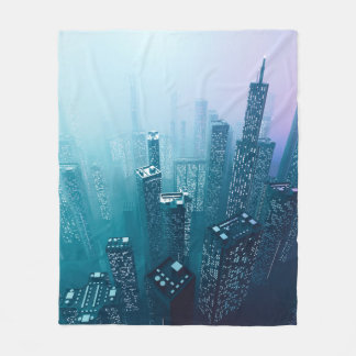 Future city downtown with skyscrapers in neon cybe fleece blanket