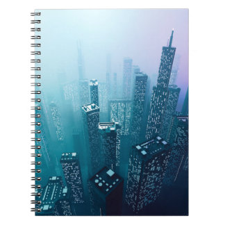 Future city downtown with skyscrapers in neon cybe notebook