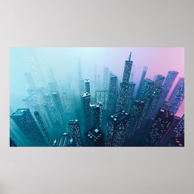 Future city downtown with skyscrapers in neon cybe poster (Front)