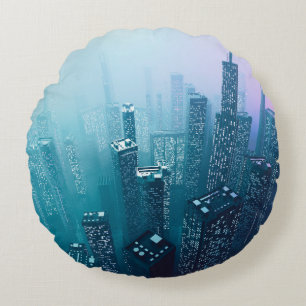 Future city downtown with skyscrapers in neon cybe round cushion