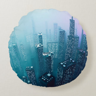 Future city downtown with skyscrapers in neon cybe round cushion