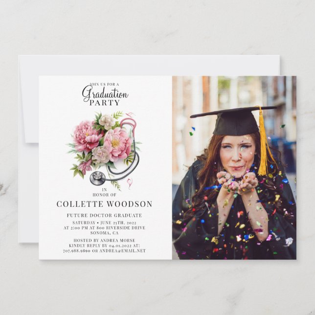 Future Doctor Floral Stethoscope Photo Graduation  Invitation (Front)