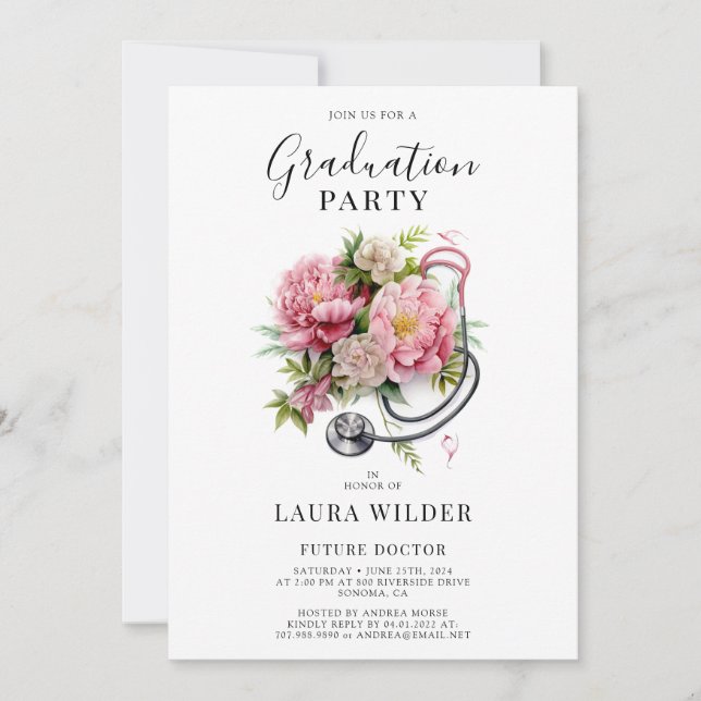 Future Doctor Pink Floral Stethoscope Graduation Invitation (Front)