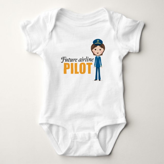 Future female airlane pilot cartoon girl baby bodysuit (Front)