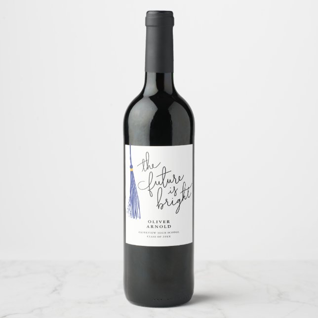 Future Is Bright Blue Tassel Quote Grad Party Wine Label (Front)