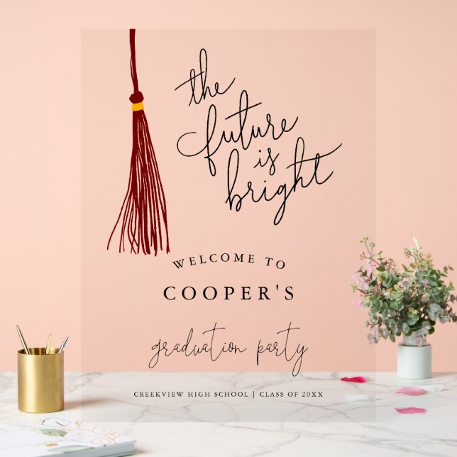Future is Bright Maroon Tassel Grad Party Sign (Wedding)