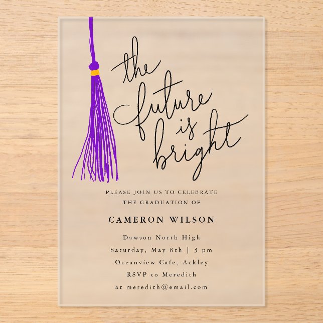 Future Is Bright Purple Tassel Graduation Party Acrylic Invitations (Front)