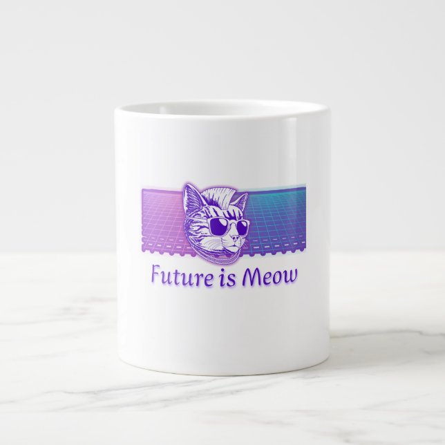 Future is Meow – Cyberpunk Neon Cat Large Coffee Mug (Front)