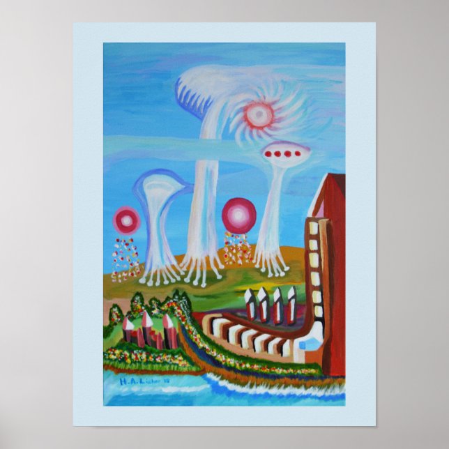 Future landscape with UFOs Poster (Front)